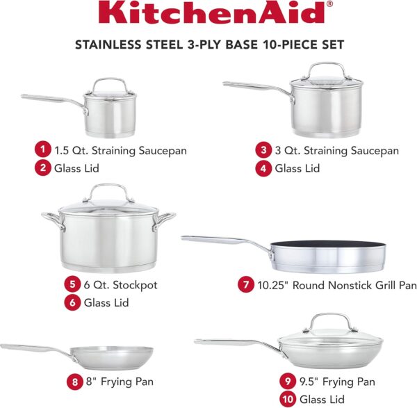 KitchenAid 3-Ply Base Stainless Steel Cookware Pots and Pans Set, 10 Piece, Brushed Stainless - Image 2