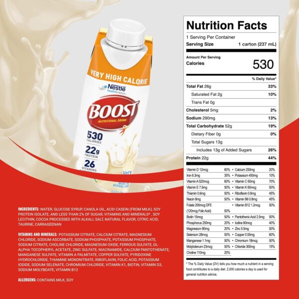 Boost Very High Calorie Vanilla Nutritional Drink – 22g Protein, 530 Nutrient Rich Calories, 8 Fl Oz (Pack of 24) - Image 2